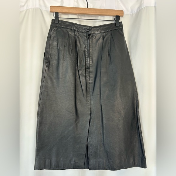 Vtg Pelle Cuir Black 100% Leather Midi Skirt - Picture 2 of 5